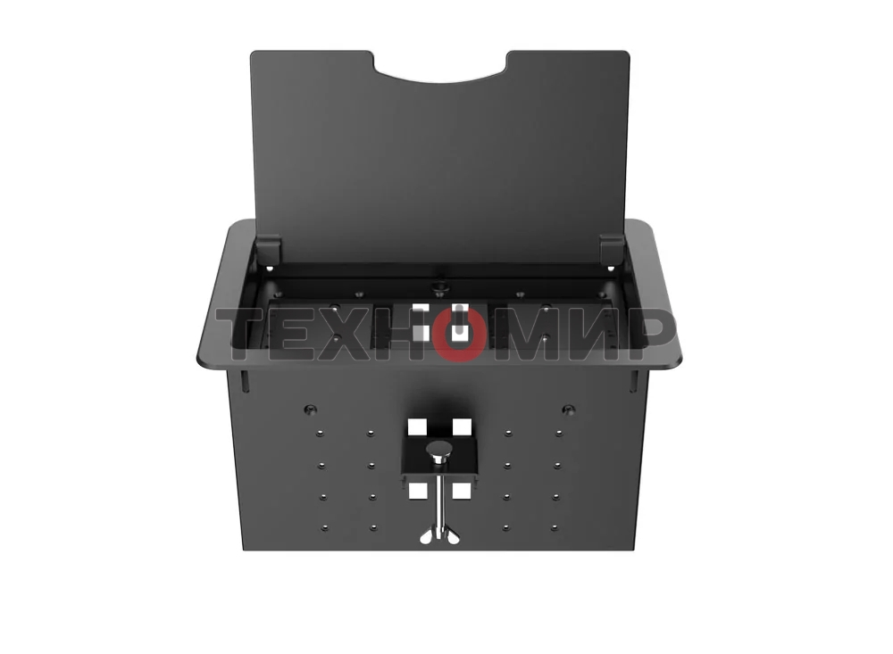 Прямоугольный металлический корпус Wize Pro WRTS-12BOX-B для модульной системы врезного лючка в стол с откидывающейся крышкой, до12 модулей-вставок, беспроводная зарядка 10Вт для моб.устройств на крышке, преустановленная рамка,черный