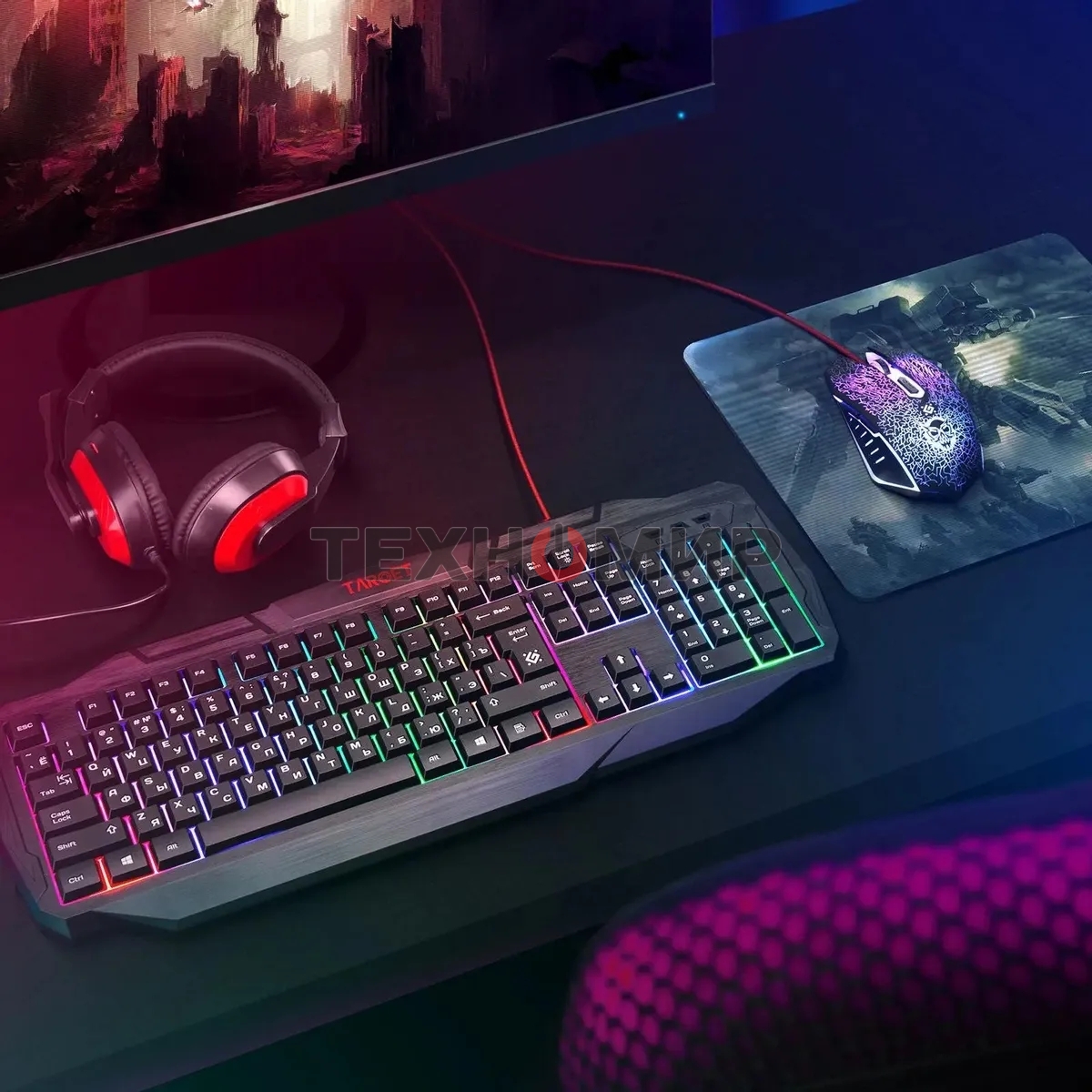 Комплект клавиатура+мышь Defender Target MKP-350 проводной, USB, 3200 DPI, чёрный/красный