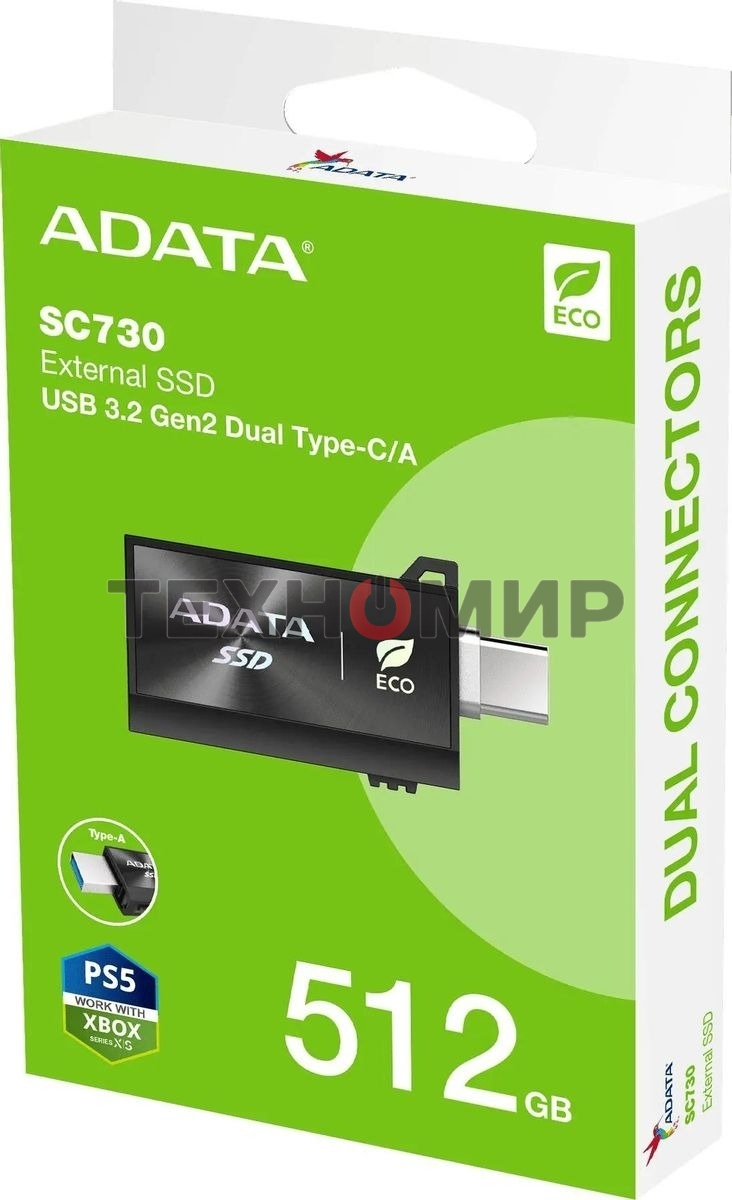 Внешний SSD ADATA SC730, 512 Gb, USB 3.2 Gen 2 Type-A/Type-C, R/W 600/600, черный