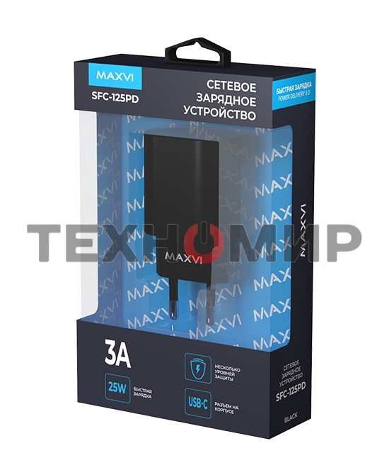 Сетевое зарядное устройство Maxvi SFC-125PD Type-C 3А 25W PD QC3.0 черный