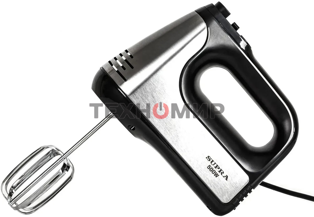Миксер SUPRA MXS-591 500 Вт, 6 скоростей, режим Турбо, насадки для взбивания яиц и крема, насадки для замеса тяжелого теста, корпус металл/пластик, черный)