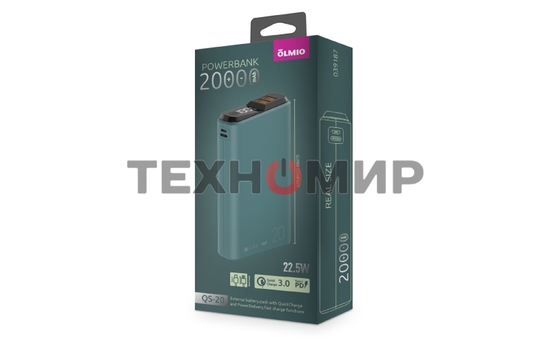 Портативный аккумулятор OLMIO QS-20, 20000mAh, 22.5W QuickCharge3.0/PowerDelivery, LCD, темно-зеленый