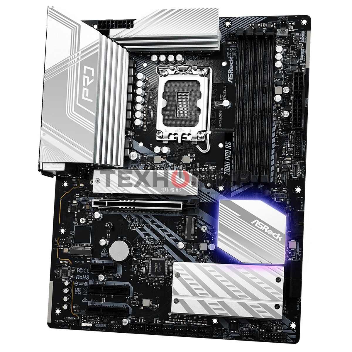 Материнская плата ASRock Z890 PRO RS, LGA1851, Intel Z890, 4xDDR5, 4xSATA, 4xM.2, 1xPCIe 5.0 x16, 2xThunderbolt 4, 1xUSB-A 3.2 Gen 2, 6xUSB-A 3.2 Gen 1, 4xUSB 2.0, 1xHDMI, 1xDP, 1x2.5Gb LAN, 3x3.5 мм, 7.1, ATX