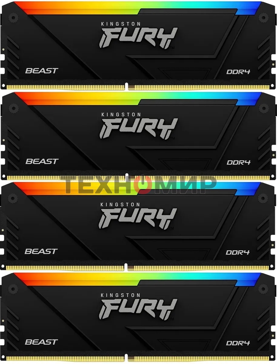 Оперативная память Kingston Fury Beast, DDR4, 32GB (4x8GB), 3200MHz, CL16, DIMM, с радиатором, RGB, черный