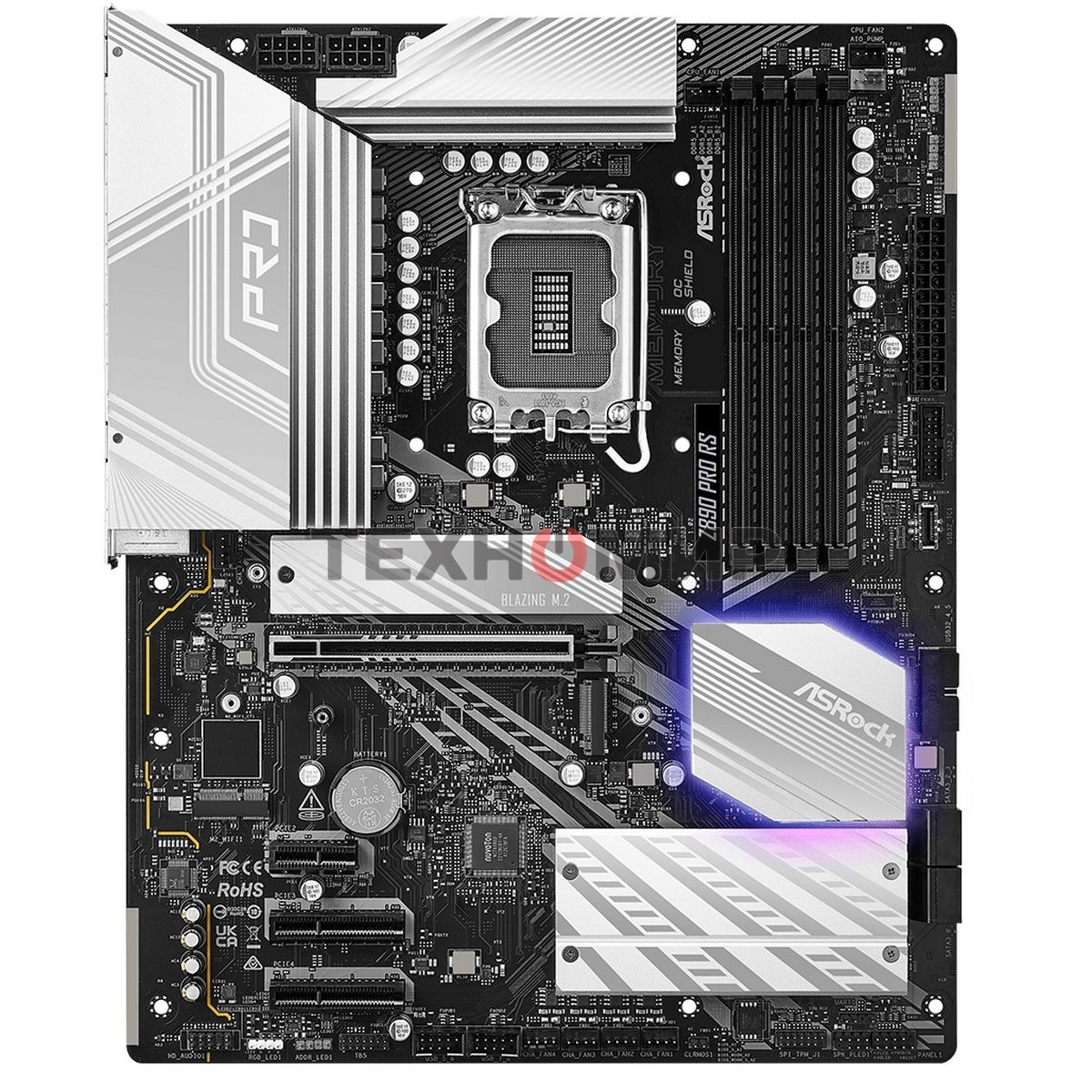Материнская плата ASRock Z890 PRO RS, LGA1851, Intel Z890, 4xDDR5, 4xSATA, 4xM.2, 1xPCIe 5.0 x16, 2xThunderbolt 4, 1xUSB-A 3.2 Gen 2, 6xUSB-A 3.2 Gen 1, 4xUSB 2.0, 1xHDMI, 1xDP, 1x2.5Gb LAN, 3x3.5 мм, 7.1, ATX