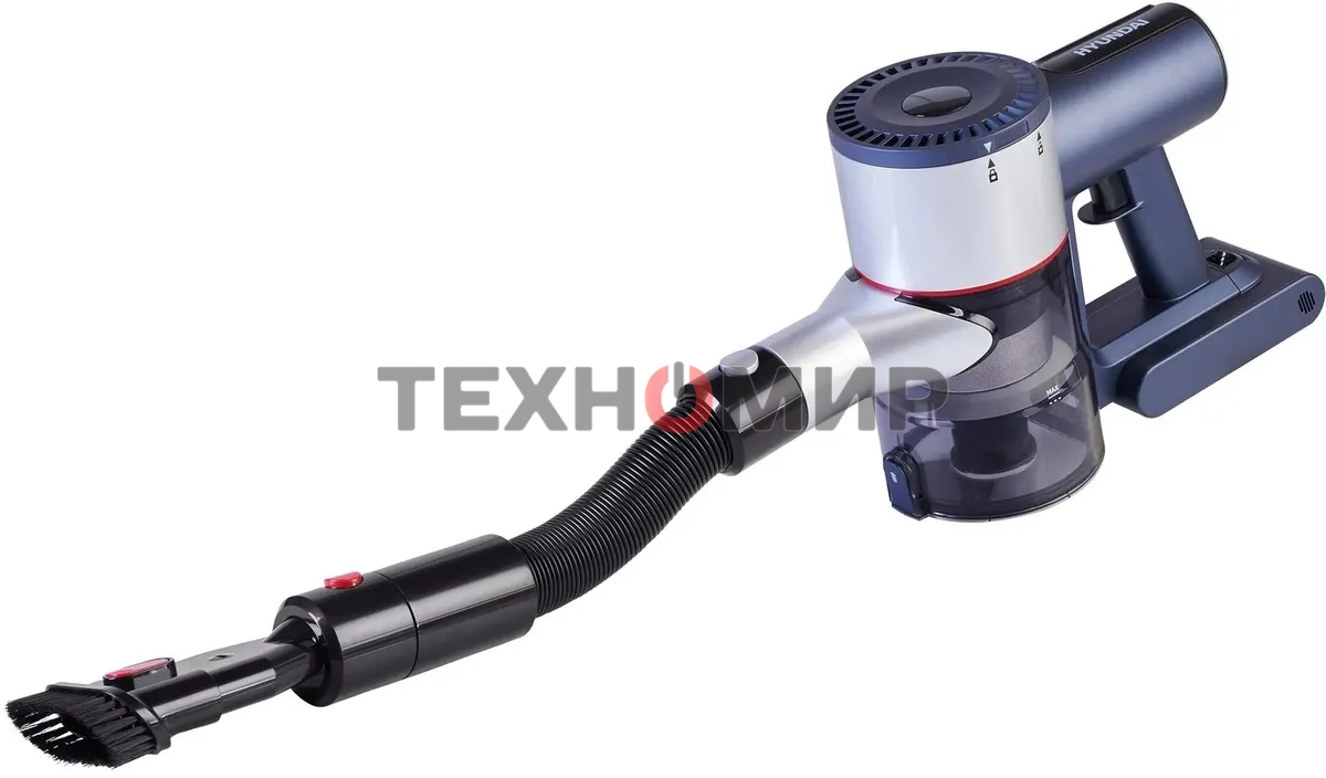 Пылесос вертикальный/ручной Hyundai HYV-S7570 темно-синий/серебристый, питание от аккумулятора, 110 Вт, уборка сухая, пылесборник 0.7 л, работа от АКБ max 60 мин.