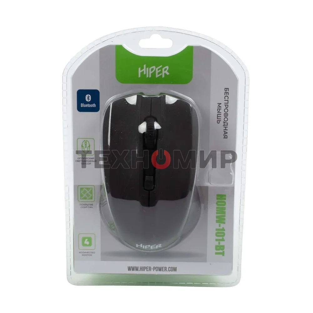 Мышь беспроводная HIPER HOMW-101-BT черный, 1600 dpi, радиоканал, USB, кнопки - 4