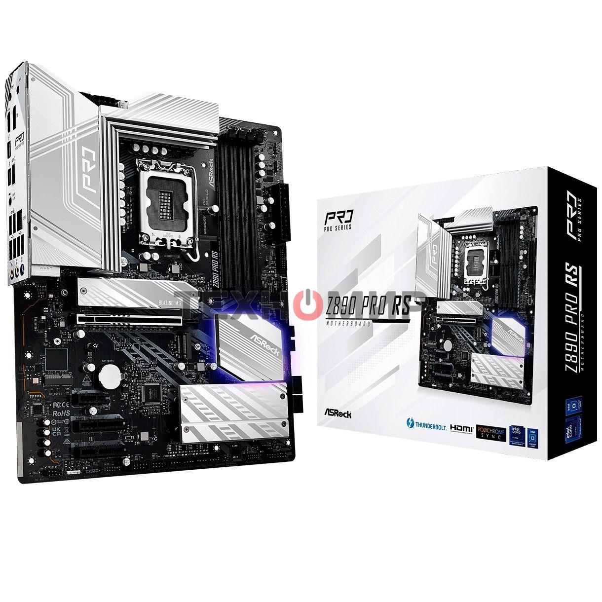 Материнская плата ASRock Z890 PRO RS, LGA1851, Intel Z890, 4xDDR5, 4xSATA, 4xM.2, 1xPCIe 5.0 x16, 2xThunderbolt 4, 1xUSB-A 3.2 Gen 2, 6xUSB-A 3.2 Gen 1, 4xUSB 2.0, 1xHDMI, 1xDP, 1x2.5Gb LAN, 3x3.5 мм, 7.1, ATX