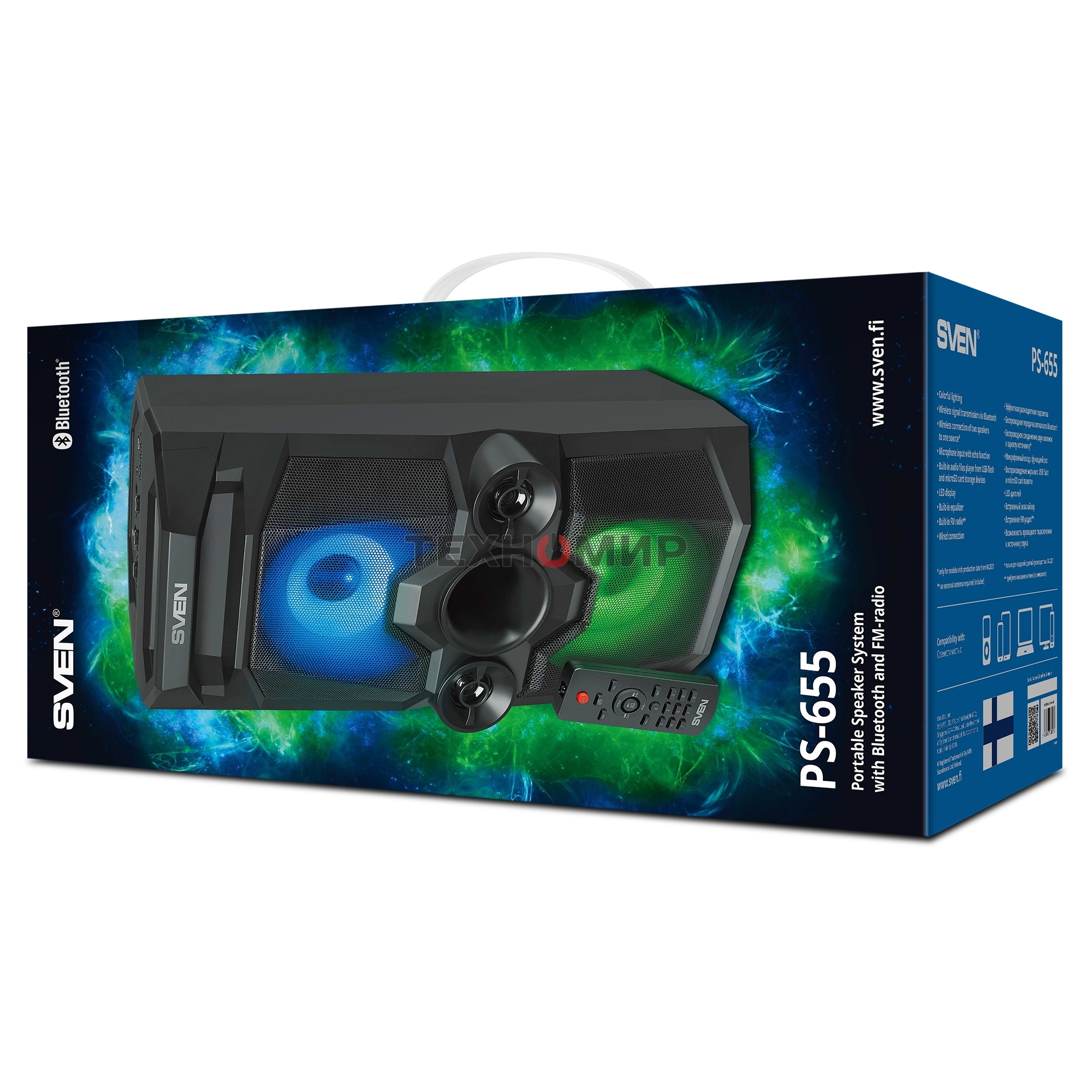 Мобильные колонки SVEN PS-655 2.0 черные (2x25W, mini Jack, USB Type-C, USB flash, Bluetooth, FM, micro SD, ПДУ, LED экран, 4400 мA, RGB подсветка)