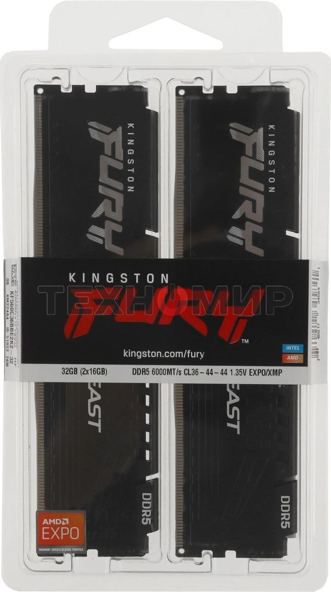 Оперативная память Kingston Fury Beast, DDR5, 32Gb (2x16Gb), 6000MHz, CL36, DIMM, с радиатором, черный