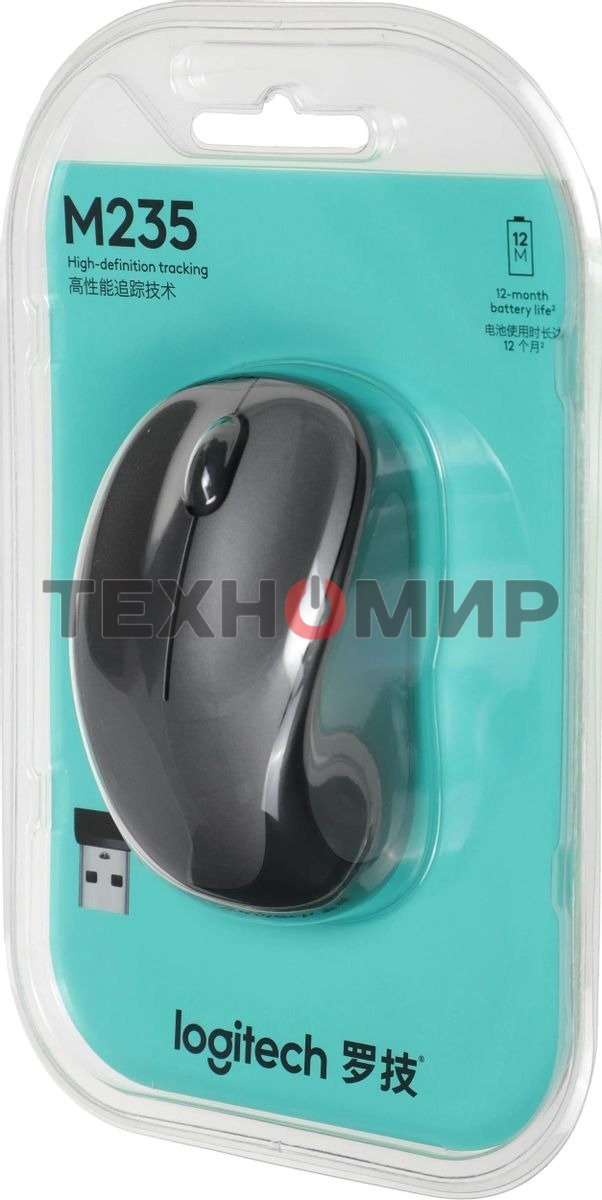 Мышь беспроводная Logitech M235 серый/черный, 1000 dpi, радиоканал, USB, кнопки - 3