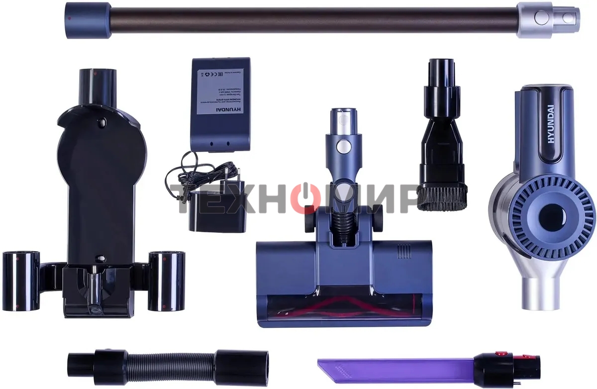 Пылесос вертикальный/ручной Hyundai HYV-S7570 темно-синий/серебристый, питание от аккумулятора, 110 Вт, уборка сухая, пылесборник 0.7 л, работа от АКБ max 60 мин.