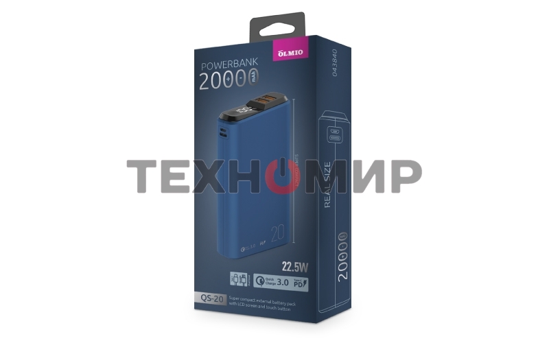 Портативный аккумулятор OLMIO QS-20, 20000mAh, 22.5W QuickCharge3.0/PowerDelivery, LCD, темно-серый