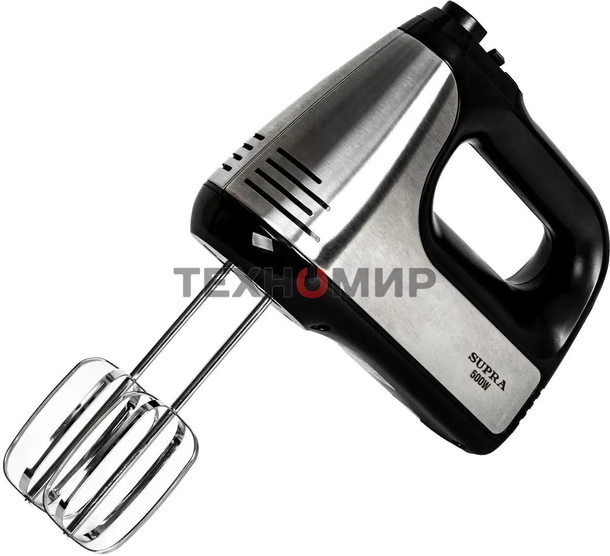 Миксер SUPRA MXS-591 500 Вт, 6 скоростей, режим Турбо, насадки для взбивания яиц и крема, насадки для замеса тяжелого теста, корпус металл/пластик, черный)