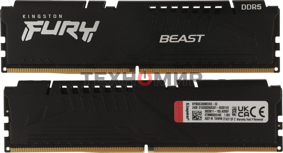 Оперативная память Kingston Fury Beast, DDR5, 32Gb (2x16Gb), 6000MHz, CL36, DIMM, с радиатором, черный