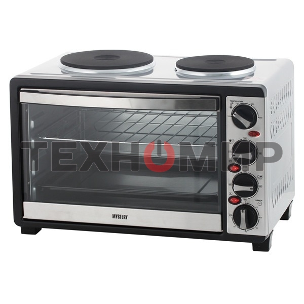 Мини-печь Mystery MOT-3330 (нержавеющая сталь, 1500 Вт, 2 конфорки, гриль, съемный вертел)