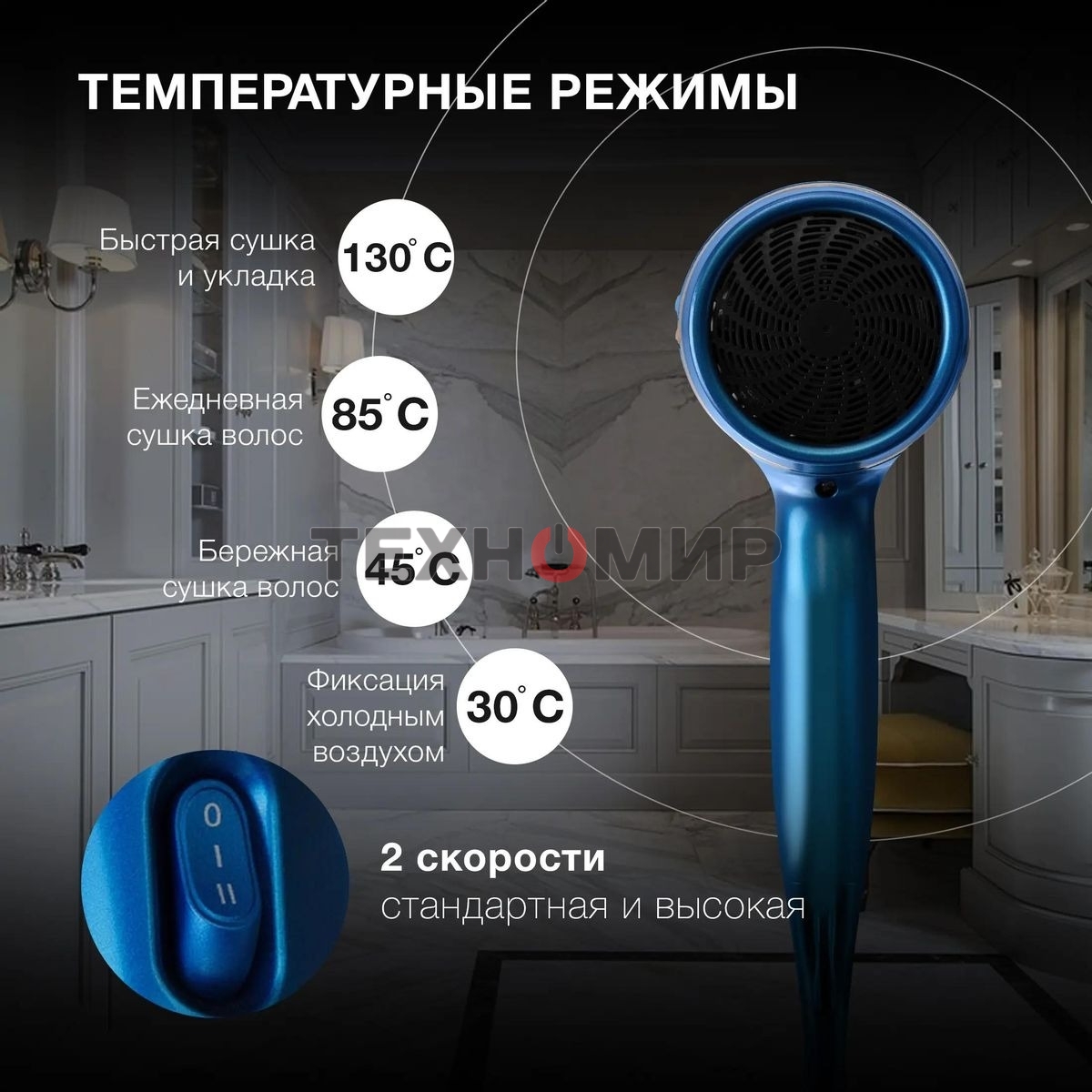 Фен Hyundai H-HDI0757 синий, 2200 Вт, ионизация