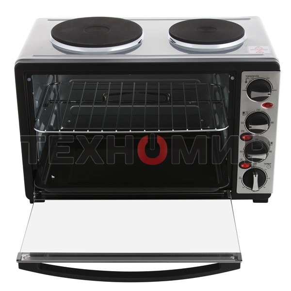 Мини-печь Mystery MOT-3330 (нержавеющая сталь, 1500 Вт, 2 конфорки, гриль, съемный вертел)