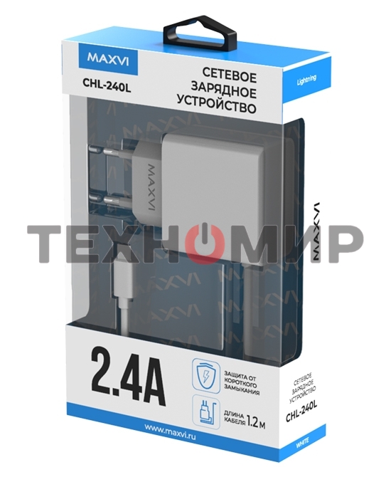 Сетевое зарядное устройство Maxvi CHL-240L Lightning 2.4A, литой кабель 1.2м, белый