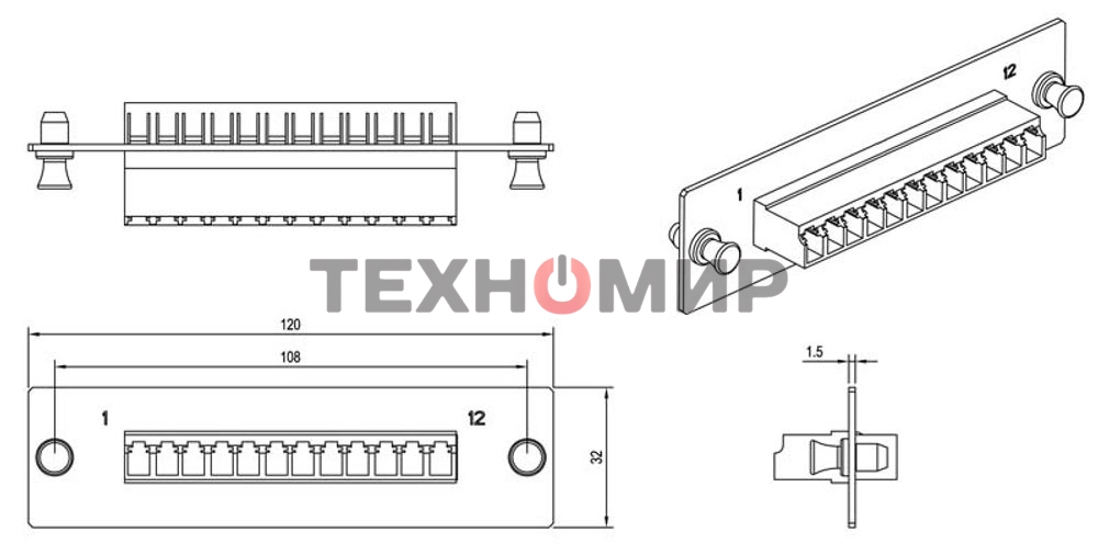 Модульная панель Hyperline, OS2 9/125, 12 х LC, Duplex 120х32, для FO-19BX, черный
