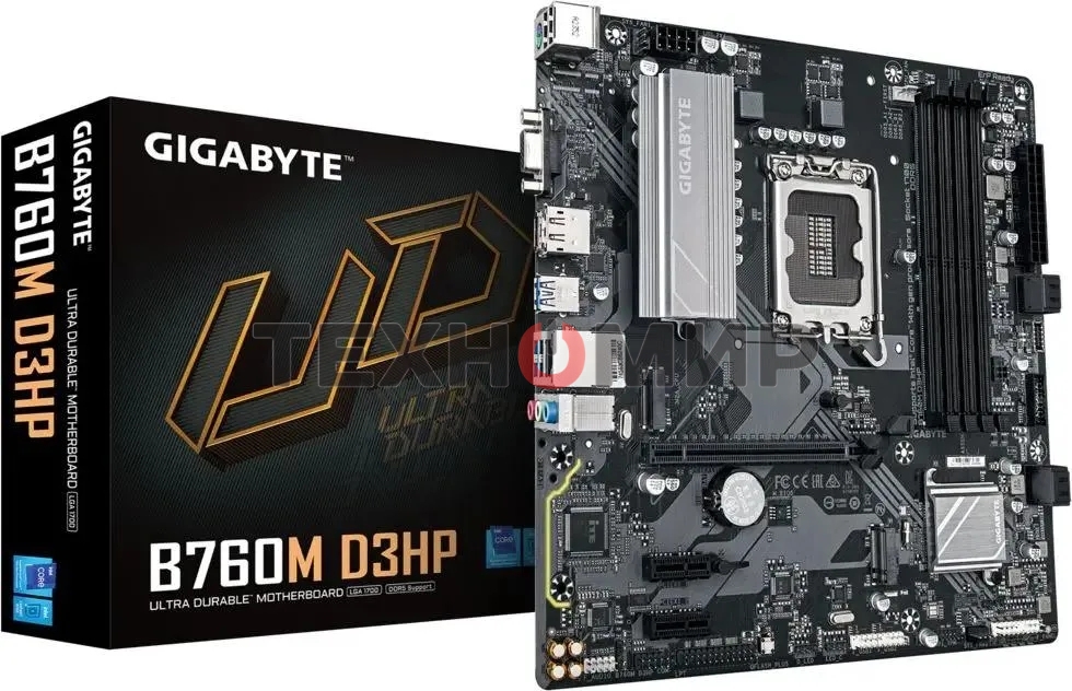 Материнская плата Gigabyte B760M D3HP DDR5, LGA 1700, Intel B760, 4xDDR5, 4xSATA, 2xM.2, 1xPCIe 4.0 x16, 1xPCIe x1, 1xHDMI, 1xVGA, 1xDP, 1x 1Gb LAN, 3xUSB-A 3.2 Gen 1, 2xUSB-A 2.0, 3x3.5 мм, 7.1, mATX