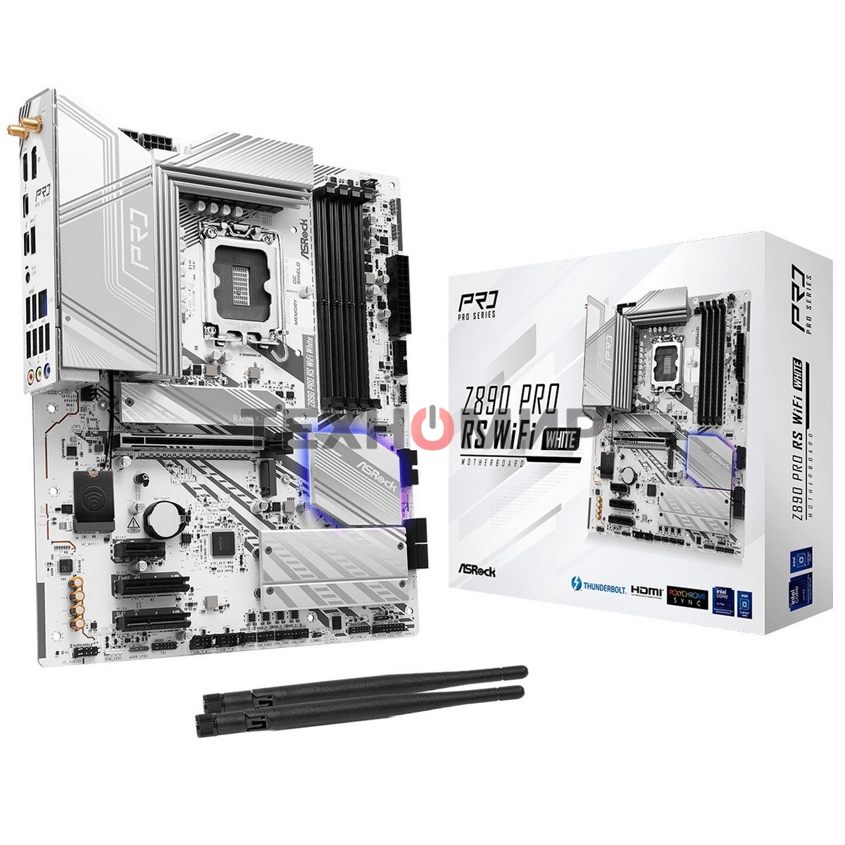 Материнская плата ASRock Z890 Pro RS WiFi белый, LGA 1851, Intel Z890, 4xDDR5, 4xSATA, 4xM.2, 1xPCIe 5.0 x16, 2xPCIe 4.0 x16, 1xPCIe x1, 2xUSB-C Thunderbolt 4, 4xUSB-A 3.2 Gen 1, 1xUSB-A 3.2 Gen 2, 1xHDMI, 1xDP, 1x2.5Gb LAN, 5x3.5 мм, 7.1, ATX