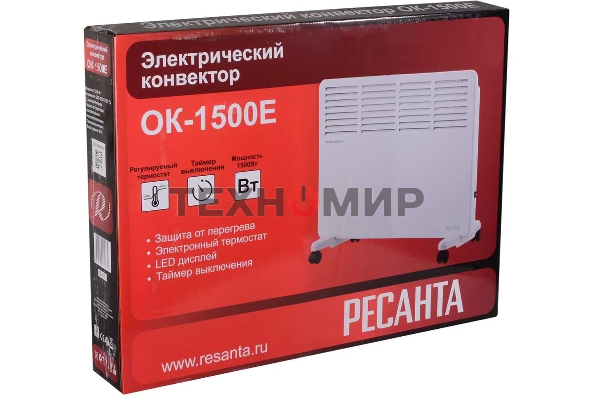 Конвектор электрический Ресанта ОК-1500Е белый, 1500 Вт, 15 м2, термостат, дисплей