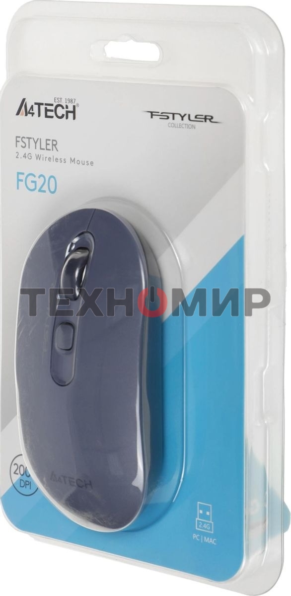 Мышь беспроводная A4Tech Fstyler FG20 пепельный/синий, 2000 dpi, радиоканал, USB, кнопки - 4