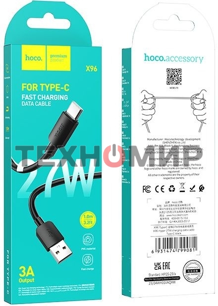 Кабель Hoco X96 Hyper 27W TYPE-C USB (m)-USB Type-C (m) 1м черный коробка
