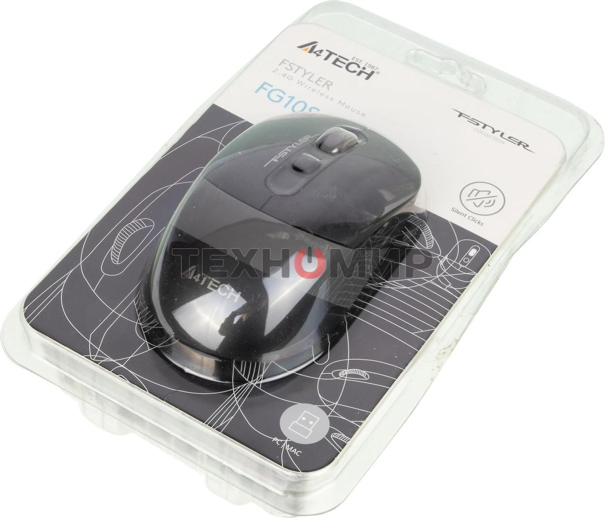 Мышь беспроводная A4Tech Fstyler FG10S черный/серый, 2000 dpi, радиоканал, USB, кнопки - 4