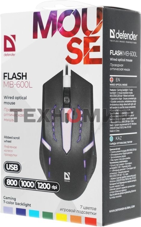 Мышь проводная Defender Flash MB-600L черный, 1200 dpi, USB, кнопки - 4