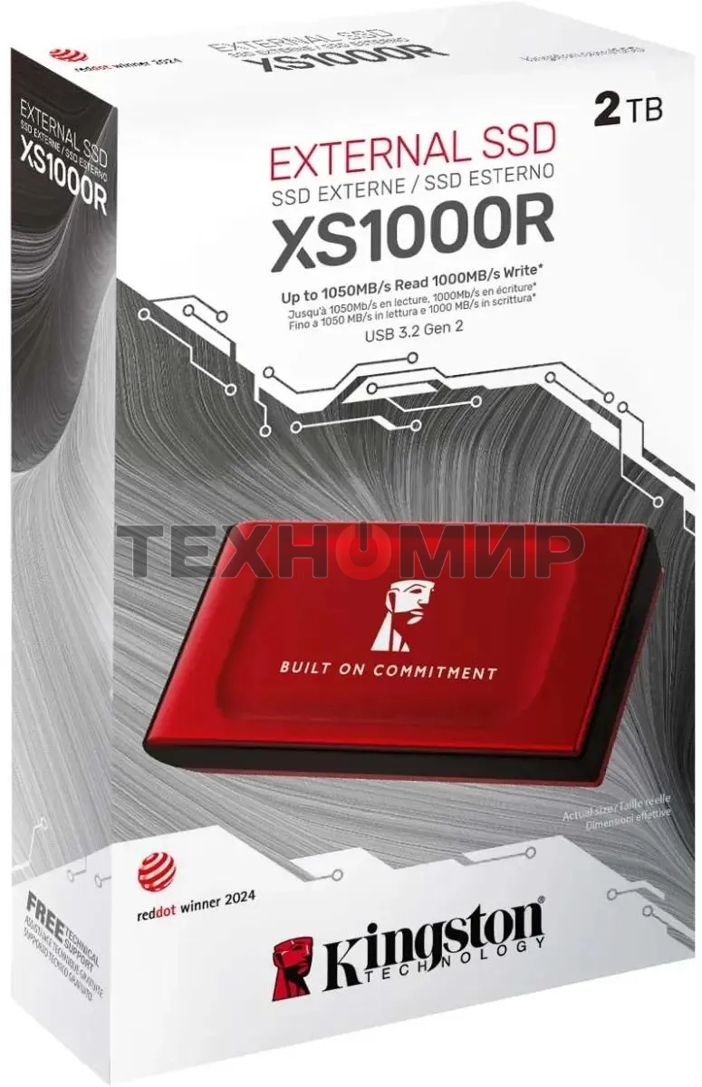 Внешний SSD Kingston XS1000, 2TB, USB 3.2 Gen 2 Type-C, R/W 1050/1000, красный