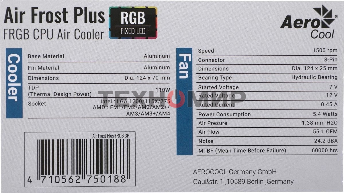 Кулер для процессора Aerocool/Formula Air Frost Plus серебристый, 120 мм, алюминий, 1500 об/мин, 24.2 дБ, 3 pin, 110 Вт, 70 мм