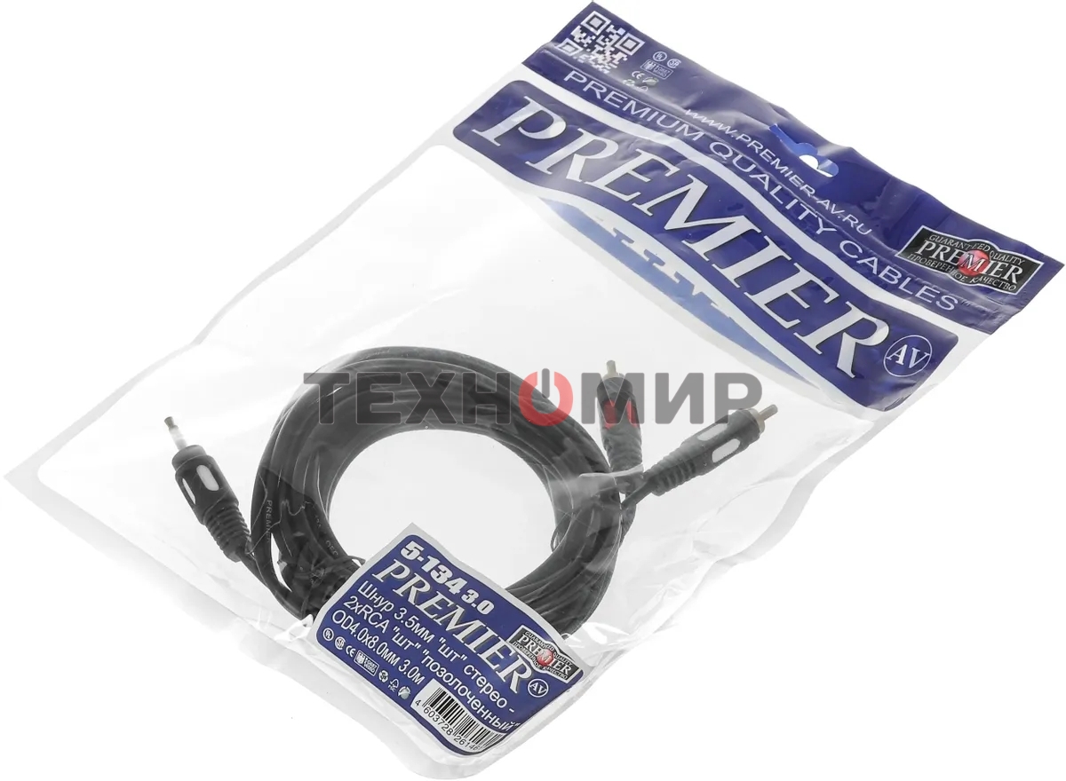 Кабель-переходник акустический Premier 5-134 Jack 3.5 (m)/2хRCA (m) 3м. позолоч.конт. черный