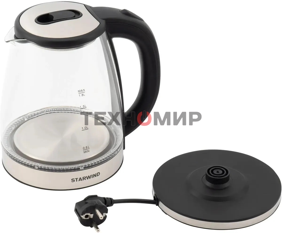 Чайник электрический Starwind SKG4777 1.8 л, 2000 Вт, черный/прозрачный (корпус: стекло)