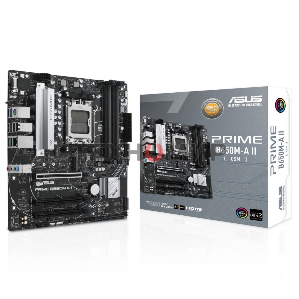 Материнская плата ASUS PRIME B650M-A II-CSM, AM5, AMD B650, 4xDDR5, 4xSATA, 2xM.2, 1xPCI-E 4.0 x16, 1x 2.5Gb LAN, 2xUSB-A 3.2 Gen 1, 2xUSB-A 3.2 Gen 2, 4xUSB 2.0, 1xDisplayPort, 1xHDMI, 1xVGA, 3x3.5 мм, 7.1, Micro-ATX