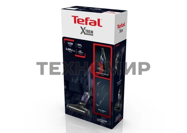 Пылесос вертикальный Tefal TY1238WO серый/фиолетовый, питание от аккумулятора, 145 Вт, уборка сухая, пылесборник 0.4 л, работа от АКБ max 40 мин.