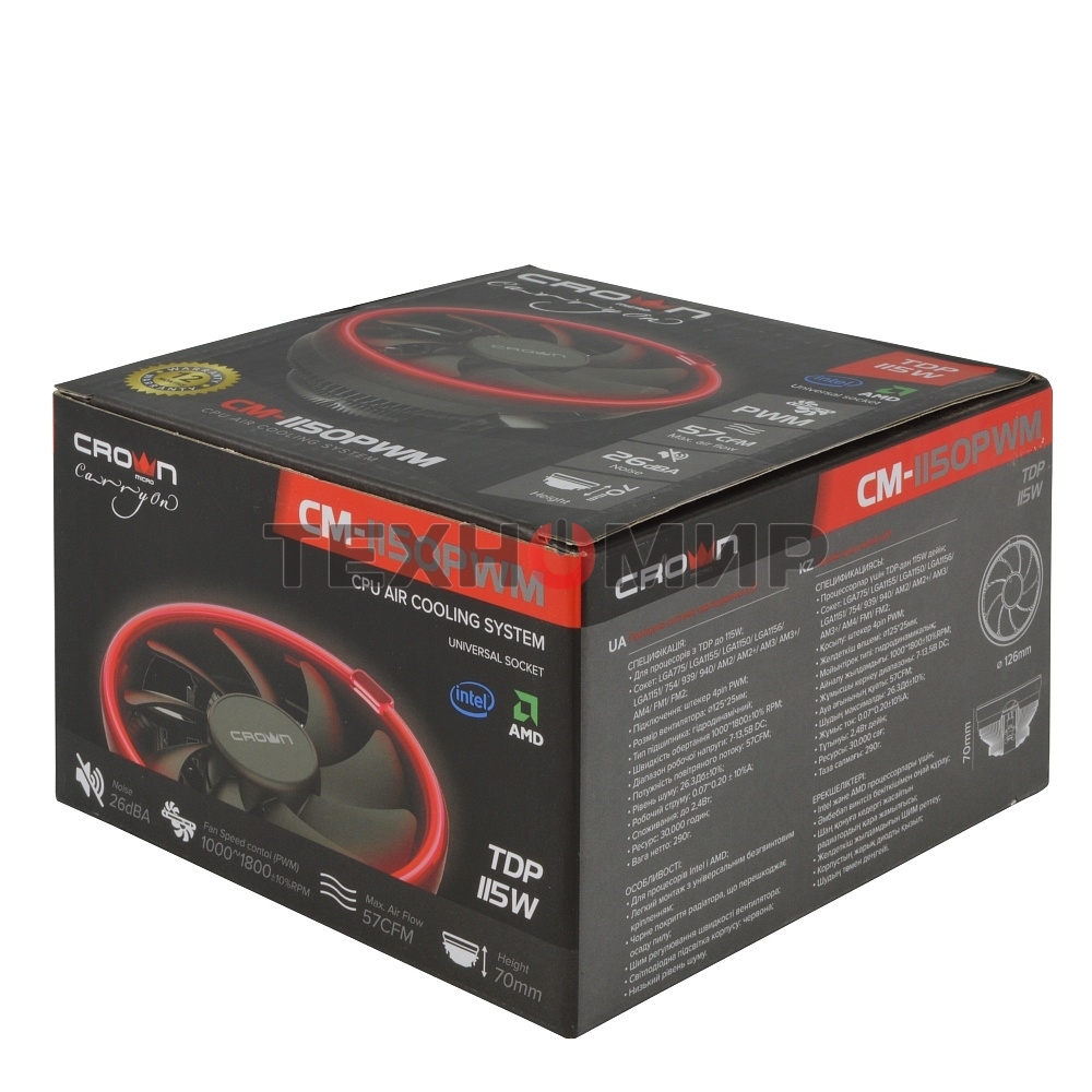 Кулер для процессора Crown CM-1150PWM RED v2 черный, 105 мм, алюминий, 1800 об/мин, 26.3 дБ, 4 pin, 115 Вт, 70 мм
