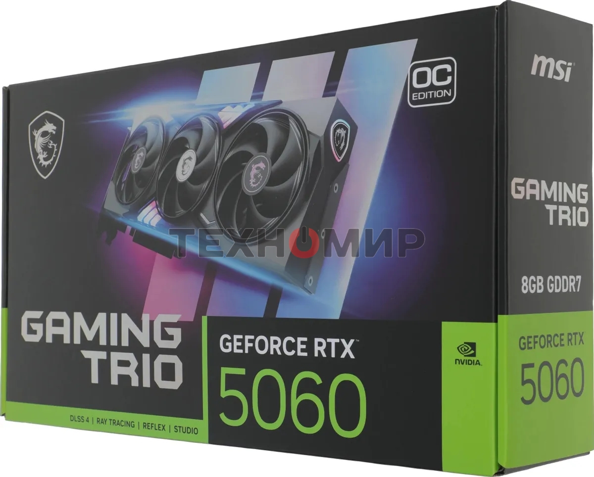 Видеокарта MSI RTX 5060 8G GAMING TRIO OC, NVIDIA RTX 5060, 8Gb, GDDR7, 128 bit, PCI-E 5.0, HDMIx1, DPx3, HDCP, 2640 MHz
