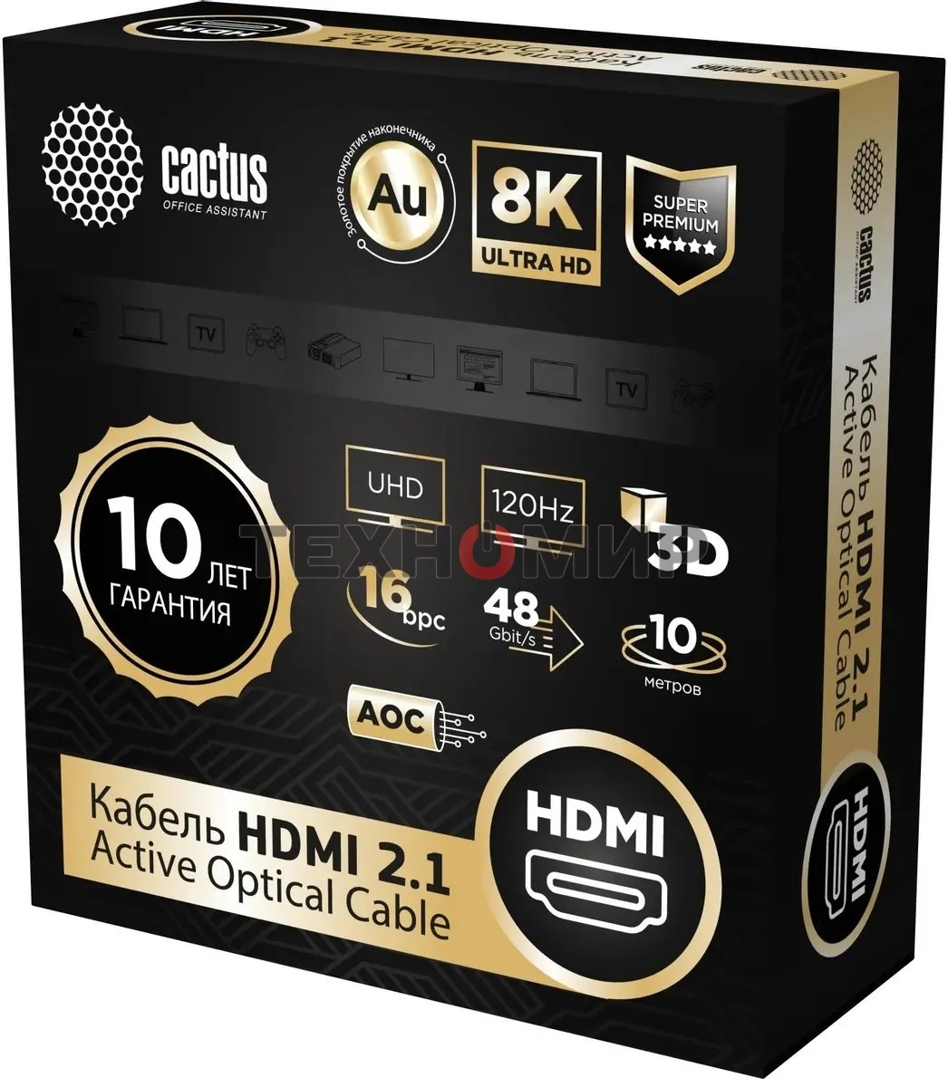 Кабель аудио-видео Cactus CS-HDMI-AOC-2.1-10 HDMI (m)/HDMI (m) 10м. позолоч.конт. черный