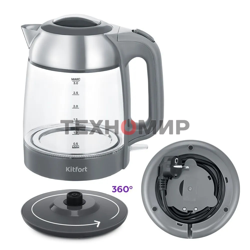 Чайник электрический Kitfort КТ-6762 3 л, 2000 Вт, серый/серебристый корпус: стекло/металл/пластик