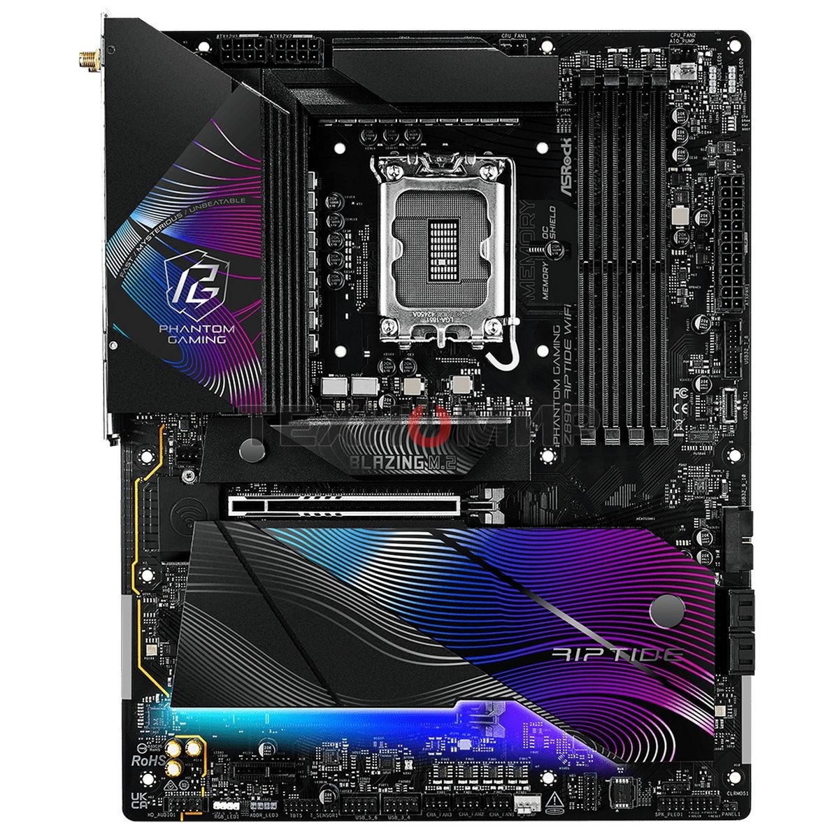 Материнская плата ASRock Z890 Riptide WiFi, LGA 1851, Intel Z890, 4xDDR5, 4xSATA, 5xM.2, 1xPCIe 5.0 x16, 1xPCIe 4.0 x16, 1xPCIe x1, 2xUSB-C Thunderbolt 4, 4xUSB-A 3.2 Gen 1, 1xUSB-A 3.2 Gen 2, 1xHDMI, 1x2.5Gb LAN, 4x3.5 мм, 7.1, ATX