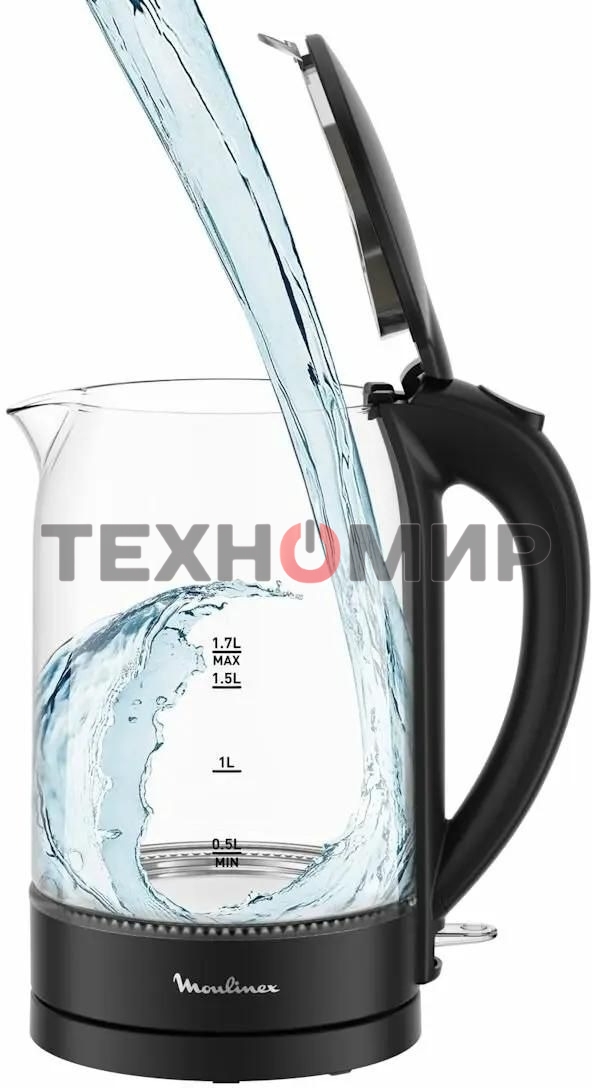 Чайник электрический Moulinex BY1S08F0 1.7 л, 2200 Вт, черный/прозрачный корпус: стекло/пластик
