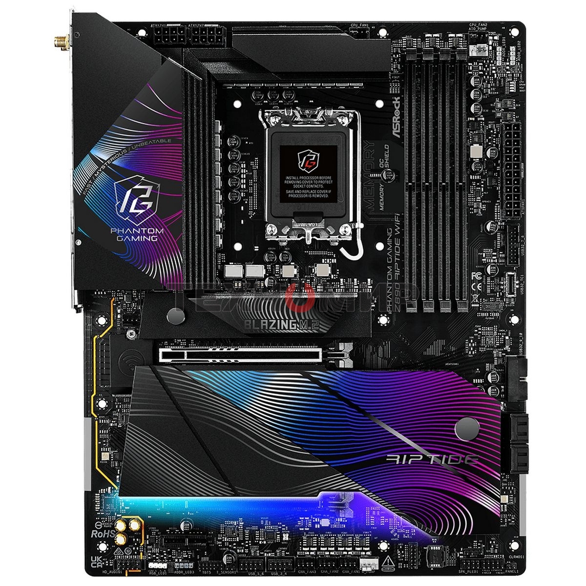 Материнская плата ASRock Z890 Riptide WiFi, LGA 1851, Intel Z890, 4xDDR5, 4xSATA, 5xM.2, 1xPCIe 5.0 x16, 1xPCIe 4.0 x16, 1xPCIe x1, 2xUSB-C Thunderbolt 4, 4xUSB-A 3.2 Gen 1, 1xUSB-A 3.2 Gen 2, 1xHDMI, 1x2.5Gb LAN, 4x3.5 мм, 7.1, ATX