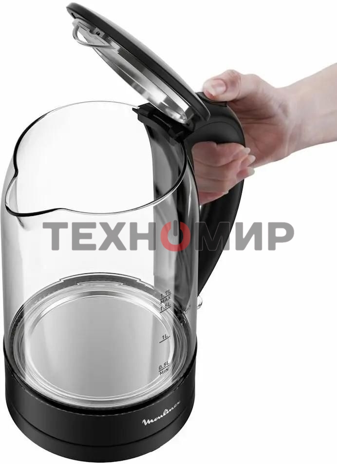 Чайник электрический Moulinex BY1S08F0 1.7 л, 2200 Вт, черный/прозрачный корпус: стекло/пластик