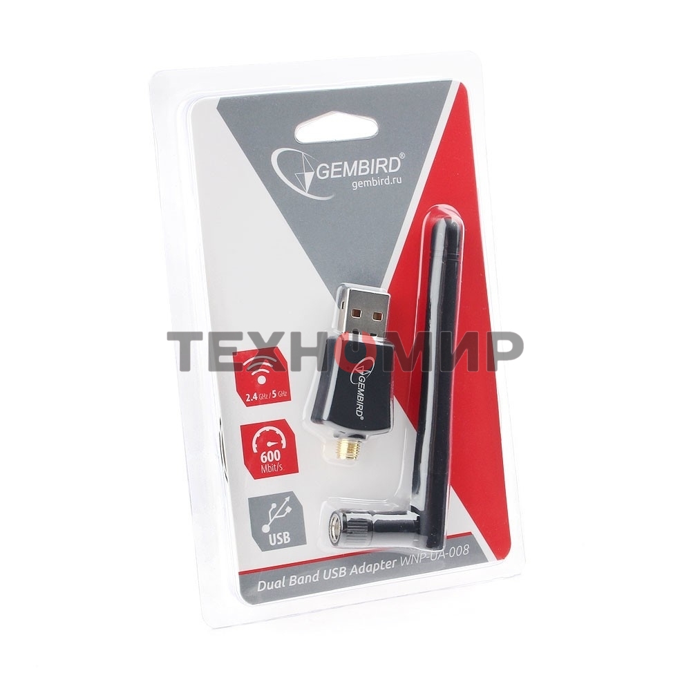Сетевой адаптер Wi-Fi+Bluetooth Gembird WNP-UA-019, двухдиапазонный с антенной, 600Мбит, USB, 802.11b/a/g/n/a