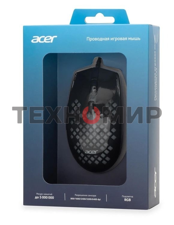 Мышь проводная Acer OMW134 черный, 3200 dpi, USB, кнопки - 6