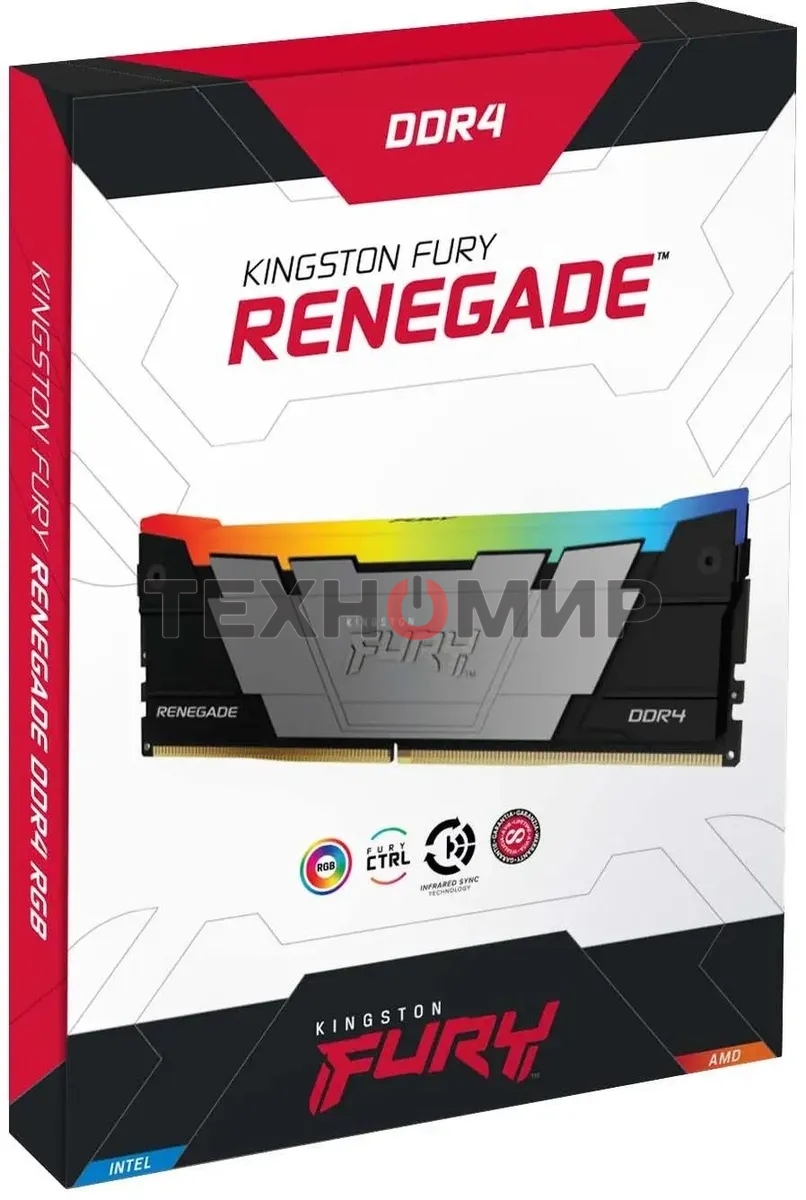 Оперативная память Kingston Fury Renegade, DDR4, 8GB (1x8GB), 3600MHz, CL16, DIMM, с радиатором, RGB, серебристый/черный