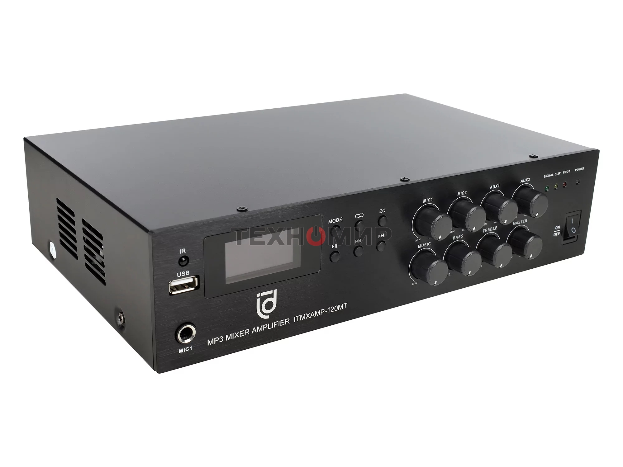 Микшер-усилитель Intrend ITMXAMP-120MT MP3, FM тюнер, USB, Bluetooth, 2хMic/3хLine входы, 1хLine выход,120 Вт, 4/8Ом/100V, IR-пульт в комплекте