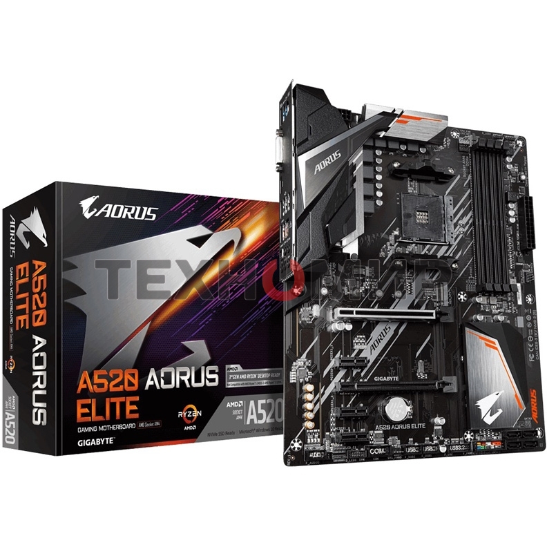 Материнская плата Gigabyte A520 AORUS ELITE, AM4, AMD A520, 4xDDR4, 4xSATA, 1xM.2, 1xPCI-E 3.0 x16, 1xHDMI, 1xDVI-D, 1x 1Gb LAN, 2xUSB 2.0, 4xUSB 3.2 Gen 1, 3x3.5 мм, 7.1, Micro-ATX